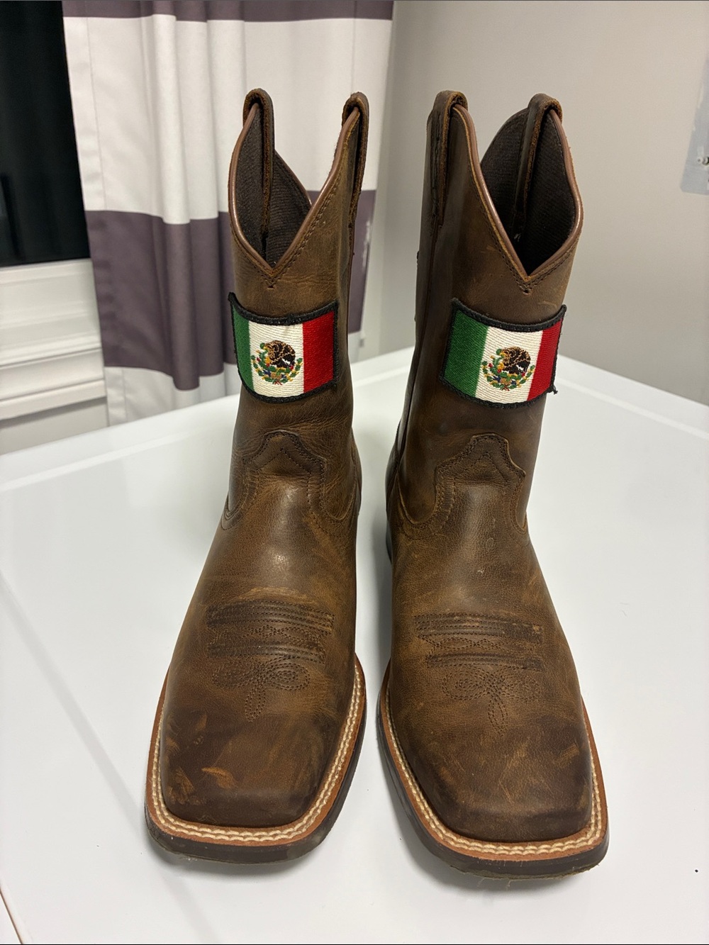 Ariat Brown Leather Western Boots with Mexican Flag Patch